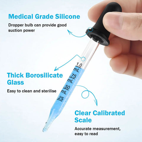 8 Pack Glass Pipette Droppers With Bent And Straight Tips, 1 ml measuring eyedropper with clear scale and black silicone tip
