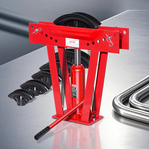 VEVOR 12 Ton Hydraulic Pipe Bender Manual Copper Tube Bending Machine With Six Dies for Piping Projects, red with black dies.