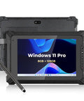 Badass Rugged Windows Tablet With 8-Inch Sunlight Readable Screen, Built Damn Tough For Job Sites, Heavy Duty Industrial Touchscreen Computer Featuring Intel N5100 Chipset And 8G Ram Plus 128G Storage showing front and back views with stylus.