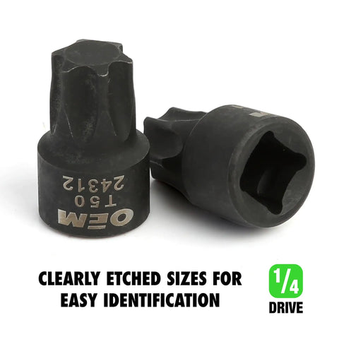 Close-up of two stubby Torx sockets from Stubby Torx Bit Socket Set 13 Piece With One Quarter Inch Drive Includes T7 Through T50 For Tight Spaces Ideal For Automotive Motorcycle And Electronic Fastener Removal, showing clearly etched sizes.
