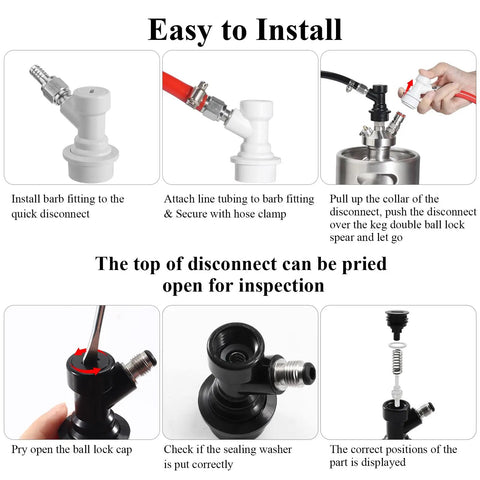 5 Pair Ball Lock Quick Disconnect Set For Corny Kegs Homebrewing With Barbed Nut Adapters, Gas And Liquid Disconnects, Includes 5/16 Inch Gas Barb Nut And 1/4 Inch Beer Barb Nut Adapters. Easy install guide for ball lock disconnect on keg.