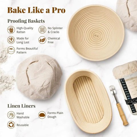 All In One Sourdough Starter Kit With Banneton Proofing Baskets, Dough Scraper, Whisk, Lame, Recipe Card And Storage Tray For No Fuss