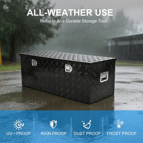 Beefy Heavy Duty Aluminum Truck Bed Tool Box 44 Inch Wide Diamond Plate Waterproof Storage Case in rain on pavement