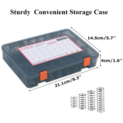 Super Durable 392 Piece Compression Spring Assortment Kit With 24 Different Sizes, High Grade Stainless Steel Mini Springs For DIY Projects And Home Repairs, Super Easy Plastic Storage Case Keeps Everything Organized And Ready To Go., plastic case 21.1 x 14.5 x 4 cm with stainless steel compression springs