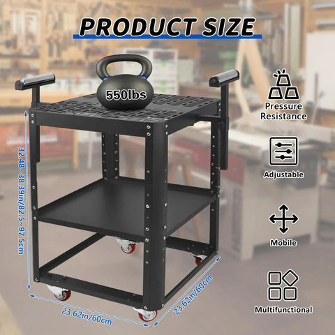 Straight Up Workhorse 550 Lb Power Tool Table With Smooth Rollin Wheels And Adjustable Height Legs For Planers And Miter Saws Plus Double Shelf Storage, showing dimensions and weight capacity.