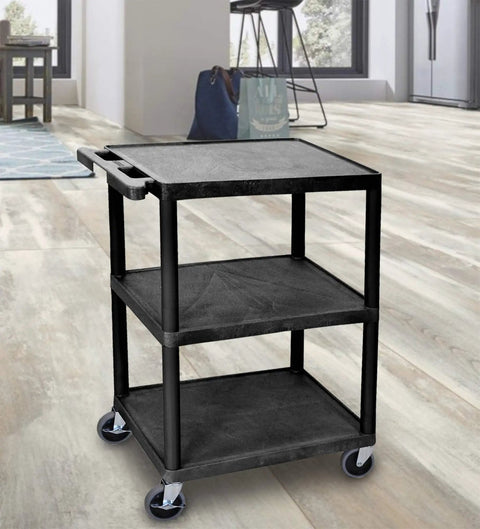 Multipurpose Storage Utility Cart With Three Shelves Structural Foam Plastic Black Finish 24W X 18D X 34H in an office space