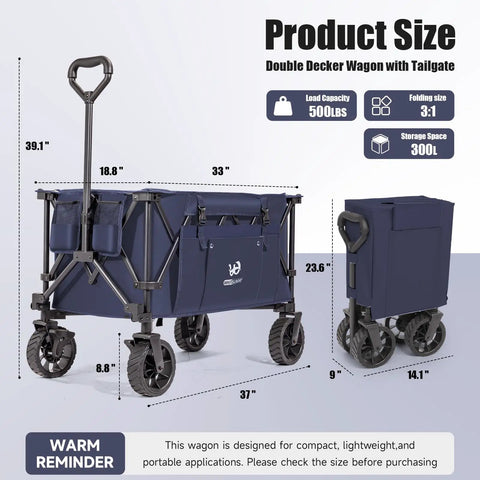 Heavy Duty Folding Utility Wagon With Table And Side Pocket For Beach Camping Garden And Shopping, 400 Lb Capacity, Durable 600D Oxford Cloth, Collapsible Outdoor Cart For Hauling Gear, Dark Blue.