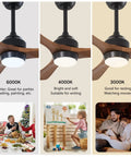 Different lighting settings of 42" Solid Wood Blades Ceiling Fan with Lights, showcasing versatility for various activities.