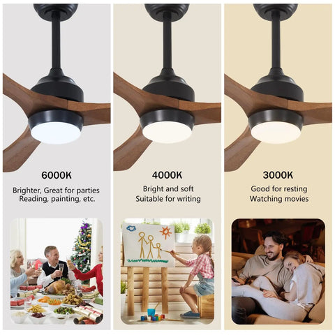 Different lighting settings of 42" Solid Wood Blades Ceiling Fan with Lights, showcasing versatility for various activities.