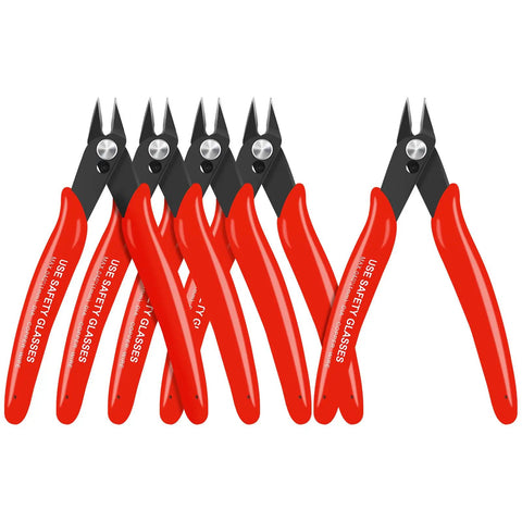 Five Piece Micro Flush Cutters Set For Electronics Projects And Jewelry Making, 5 Inch Diagonal Wire Cutters, Red Handles