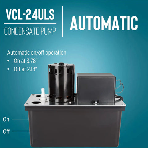Heavy Duty Condensate Removal Pump With 1 Gallon Tank, Automatic Safety Switch, 6 Foot Cord, 115 Volt, 0.0556 HP, 270 GPH, Black on/off