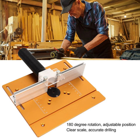 Slick Heavy Duty Aluminum Router Table Insert Plate, Real Deal Precision Lift System For Woodworking Benches showing adjustable miter guide.
