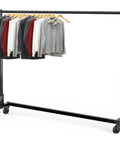 Industrial Grade Z Base Garment Rack With Beefy 500 Pound Capacity And 63 Inch Extra Long Bar Black Finish, holding clothes