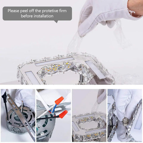 Installation process of Crystal Flush Mount Chandelier With Remote Dope Modern 4 LED Square Ceiling Light Dimmable Brightness And Color Temperature 3000K 4000K 6000K Chrome Finish For Foyer Hallway Kitchen Living Room Dining Room Office