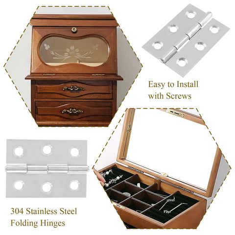 Twenty Pack Three Inch Butt Hinges For Cabinet Doors With Mirror Chrome Finish Built Heavy Duty Stainless Steel Rust Free Hardware Easy Install Screws Included, showing installation on a wooden cabinet.