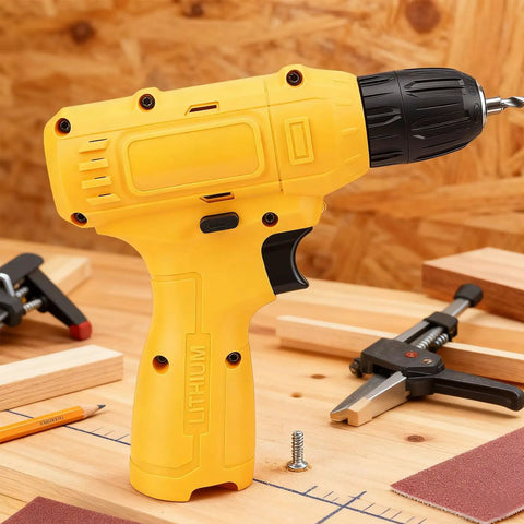 Heavy Duty Cordless Electric Drill Kit With Ergonomic Soft Touch Grip And Rapid Bit Exchange, yellow drill on wooden workbench.