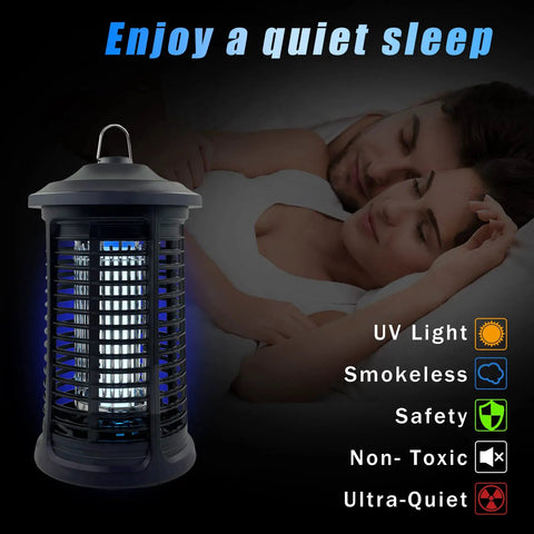 Heavy Duty 4200V Electric Bug Zapper Indoor Outdoor Use Waterproof Mosquito Fly Trap shown in a bedroom setting with sleeping couple