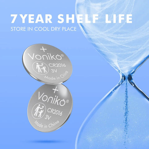 Trusted CR2016 3V Lithium Button Batteries 5 Pack, two batteries on a blue background with an hourglass design.