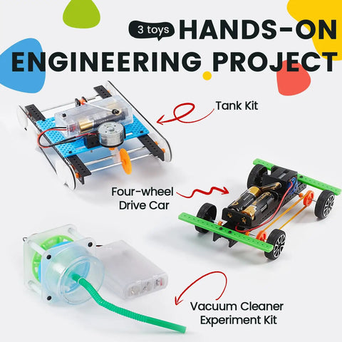Six In One STEM Home Lab Science Kit For Kids Aged 8 To 12 With Tank And Car Builds Saltwater Generator And Hands On Electric Power Experiments Ideal Educational Gift For Boys And Girls showing tank, car, vacuum cleaner projects.