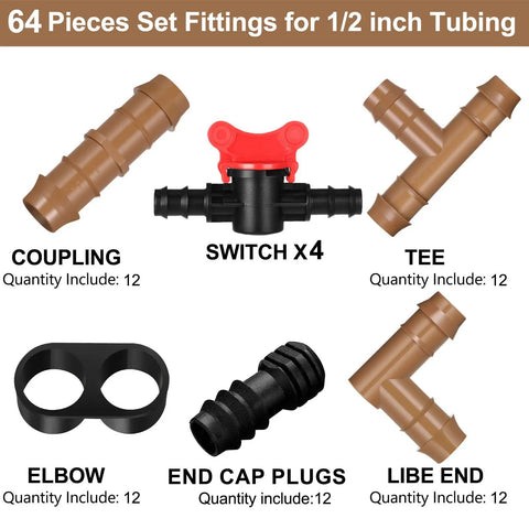 One Half Inch Drip Irrigation Fittings Kit With 4 Switch Valve No Tools Needed Elbows 12 Couplings 12 End Cap Plugs 12 Tees