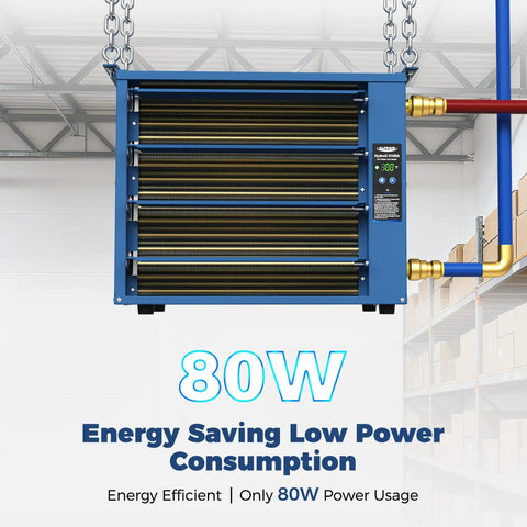 Top Shelf Hydronic Hanging Heater Featuring One Hundred Thousand Btu Hot Water Radiance built tough for garage or warehouse heating.