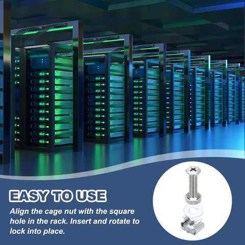Pro Grade M5 X 20mm Cage Nuts and Rack Screws 20 Pack Zinc Coated snap-in hardware for server racks with a blue-lit background.