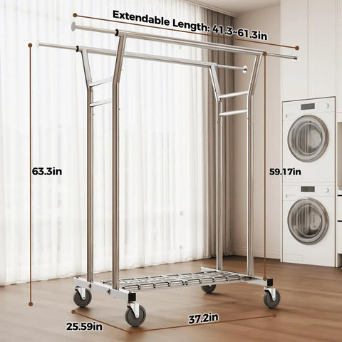 Heavy Duty Rolling Closet Rack With Bonus Shelf Space Holds Up To Seven Hundred Pounds Built Tough Steel Bar Smooth Gliding Wheels And Rock Solid Base For Home Or Boutique Silver