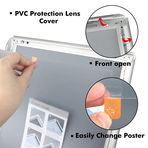Close-up showing snap-open frame mechanism on Adjustable Pedestal Poster Sign Stand For 8.5 x 11 Posters, black, aluminum.