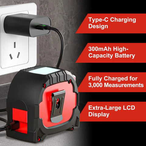 3-in-1 Laser Tape Measure With 196ft Laser Range, 16ft AutoLock Tape, Built-In Level, Type-C Rechargeable, Magnetic Hook, 6 Modes For Construction And DIY Pros, Ultra-Accurate Distances And Quick Measurements, Type-C charging and LCD display