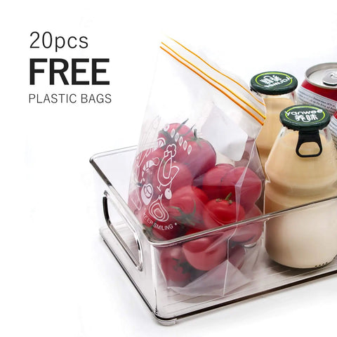 Stackable Fridge Organizer Bins Set Of 6 Clear Kitchen Storage Bins With Easy Grip Handles Includes 20 Plastic Bags for cabinets