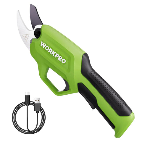 Cordless Electric Pruning Shears 7.2V Battery Powered Pruner, green handle, SK5 blades, USB charging cable included