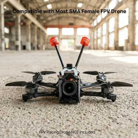 FPV racing drone with RHCP FPV Antenna for Racing Drones 5.8G 2.3dBi with SMA Male Connector, shown in an open warehouse.
