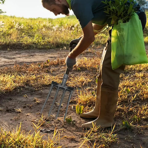 Heavy Duty 11 Inch Four Prong Steel Pitch Fork Replacement Head For Soil Loosening And Ground Prep In Farming And Landscaping Tools Built Tough To Aerate Hard Soil And Get The Job Done being used in a field by a person in boots.