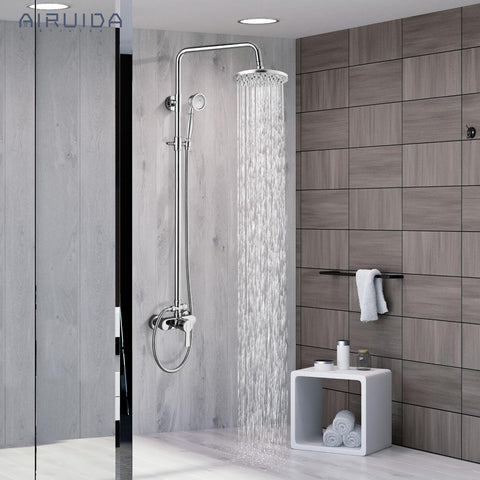 Modern bathroom with Exposed Shower System With 8 Inch Rainfall Head And Handheld Spray Single Handle Wall Mount Faucet Set Solid Brass
