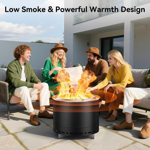 Group enjoying 19.5 Inch Smokeless Fire Pit With Carry Bag in backyard, stainless steel bonfire pit, low smoke design