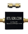 Broadcast AM Reject High Pass Filter 2.6 MHz for SDR Receivers with SMA connectors, compact design, black and gold color.