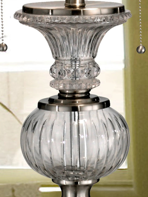 Close-up of Granada Table Lamp with Crystal Base and Brushed Nickel Finish, showcasing elegant faceted crystal details.