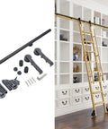Sliding Library Ladder Hardware Kit With 23ft Track System And Floor Roller Wheels Black Steel Round Tube Hardware in home library