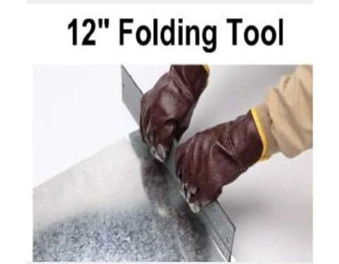 Hands using 12 Inch Duct Folding Channel Tool For Precise Three Eighths Inch And One Inch Uniform Bends In Sheet Metal