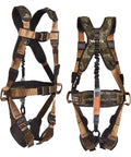 Front and back view of Hunters Elite Safety Harness With TrueTimber Strata Camo Includes Tree Strap Linemans Climbing Strap And Deer Drag