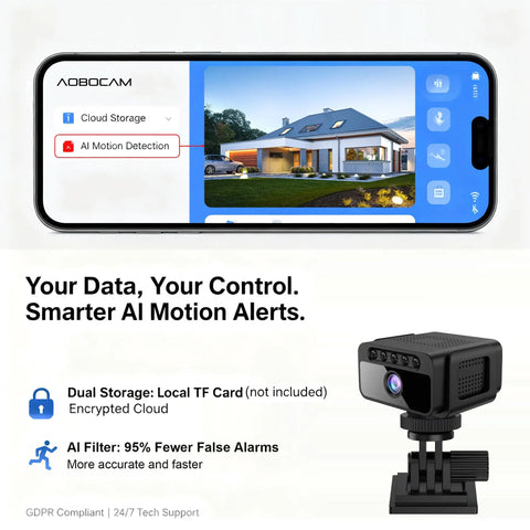 4K Hidden Indoor WiFi Mini Spy Camera with Cloud Storage displayed with phone app showing AI motion detection for home security.