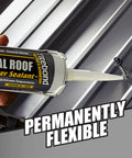 Copper Metal Roof Sealant For Aluminum Copper Galvanized Steel And Coated Metals Flexible Elastomeric Polymer Caulk UV Resistant 9.5 Oz Cartridge in use on metal roof, demonstrating flexibility and adhesion.