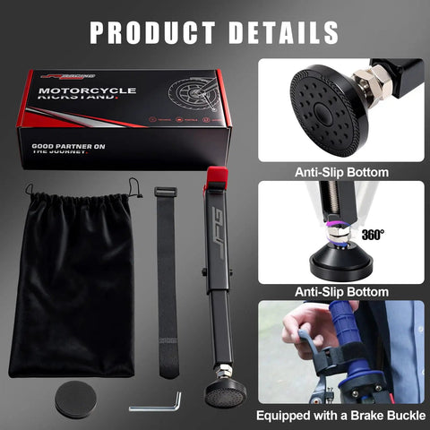 Front And Rear Motorcycle Wheel Lift Stand For Trail And Street Bikes Ultra Portable Aluminum Iron Frame With Telescoping Belt For Brake Tightening Durable Black Finish Fits Most Sport Bikes Easy To Carry And Store with anti-slip bottom and brake buckle features displayed.