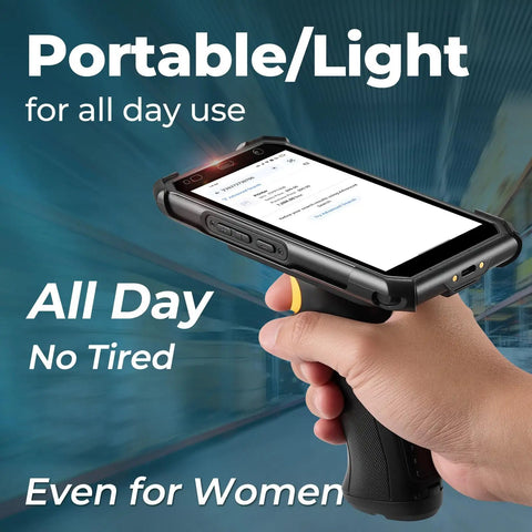 Android 13 Barcode Scanner With Pistol Grip Real Workhorse For Fast 1D 2D And QR Scanning 5.5 Inch Rugged Handheld PDA held in hand