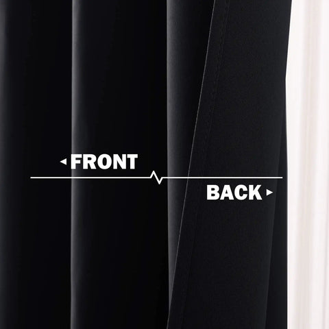 Front and back view of RV Blackout Window Curtains Set Two Panels 29 Inch Wide Cafe Short Kitchen Drapes For Travel Trailer RV Bathroom Sunroom Privacy And Light Blocking Black
