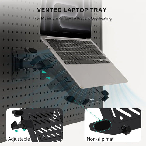 Ultra Top Notch Articulating Pegboard Mount For Laptops And Computer Screens Featuring Ventilated Trays on a pegboard.