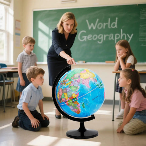 Teacher and students using Hands On 12 Inch World Globe Kit With Stand For Home Office And Classroom Learning Geography Education Blue DIY