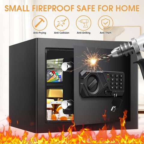 Compact Home Safe 1.2 Cubic Fireproof And Waterproof With Programmable Keypad, showing open door with items inside and a drill.