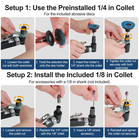 Setup instructions for Heavy Duty Right Angle Air Die Grinder Kit 37 Piece Set with collet adjustments and accessory installation.