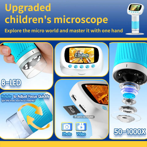 Kids Digital Handheld Microscope With 2 Inch IPS Screen And 1000x Magnification, Video Camera For STEM Learning, Wonder Quest Educational Toy, Magnifier For Bugs, Cool Birthday Gift For Boys And Girls, blue and white handheld model with 8-LED and 50-1000x zoom
